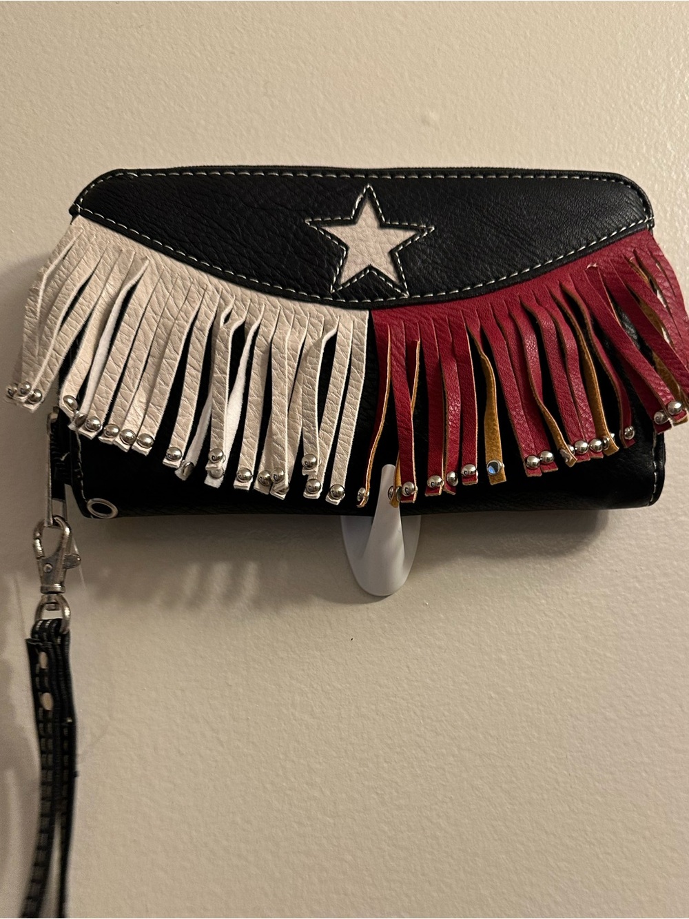 #858 Black Wristlet Clutch with White and Red Fringe